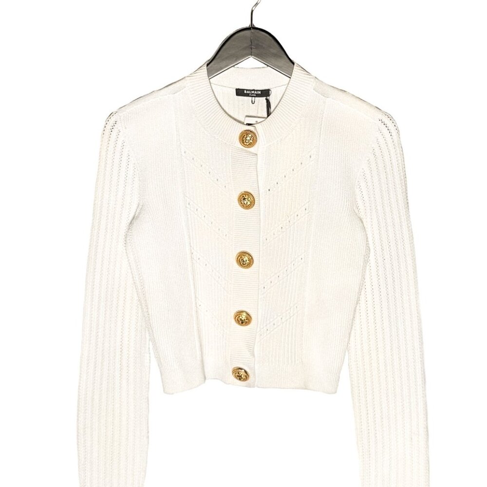 Balmain Gold Buttons White Cropped Cardigan Sweater